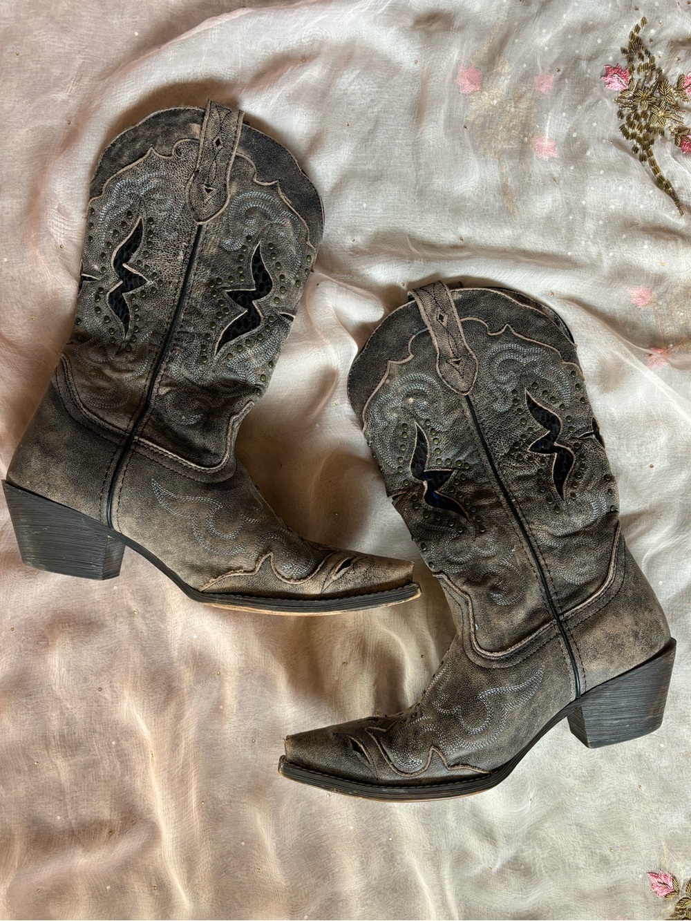Laredo Lucretia Studded Snake Inlay Brown Taupe Snip Toe Riding Boots 8.5